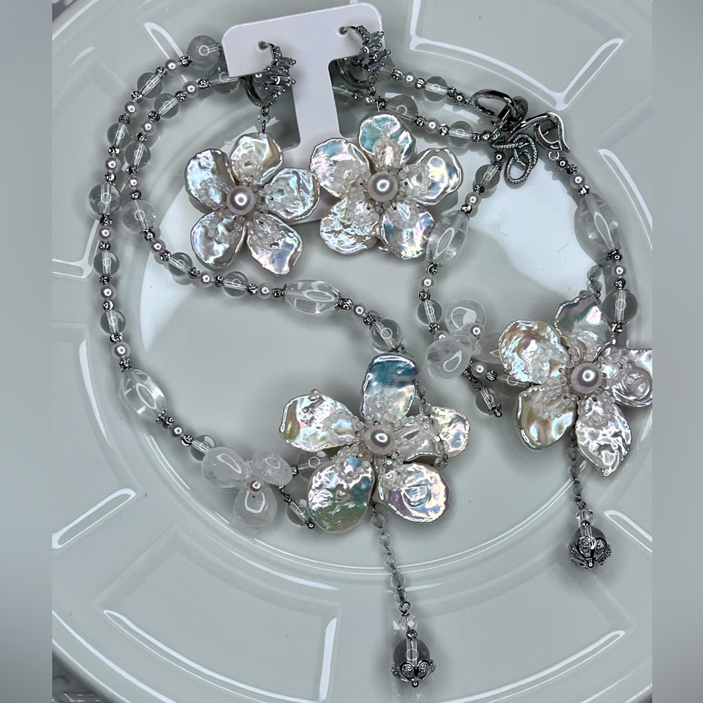 🔥🔥 Handmade Premium Freshwater Keshi Pearl Quartz Necklace Bracelet Earrings SET